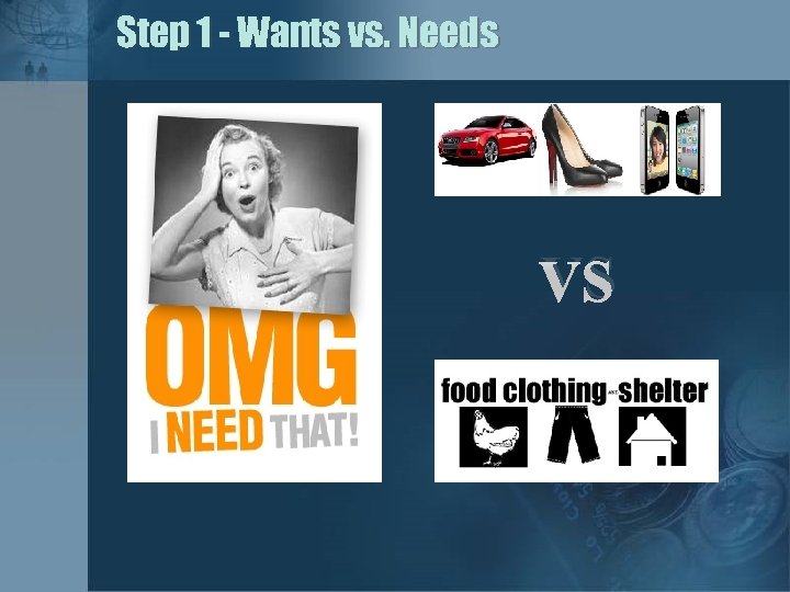 Step 1 - Wants vs. Needs VS 