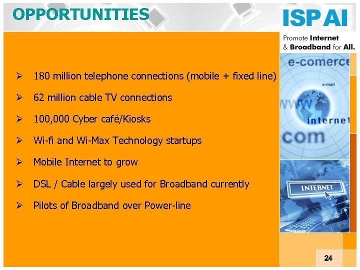 OPPORTUNITIES Ø 180 million telephone connections (mobile + fixed line) Ø 62 million cable