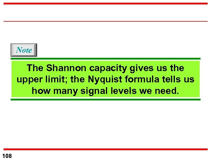 Note The Shannon capacity gives us the upper limit; the Nyquist formula tells us