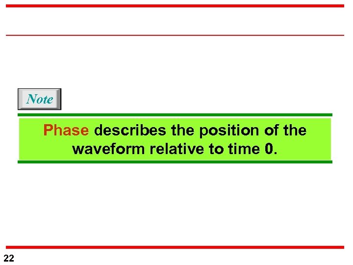 Note Phase describes the position of the waveform relative to time 0. 22 