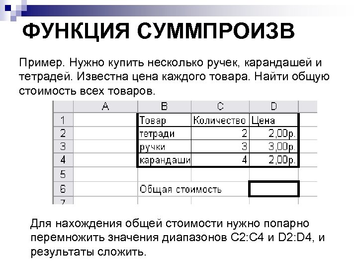 ФУНКЦИЯ СУММПРОИЗВ Пример. Нужно купить несколько ручек, карандашей и тетрадей. Известна цена каждого товара.