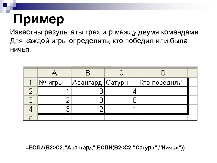 Пример Известны результаты трех игр между двумя командами. Для каждой игры определить, кто победил