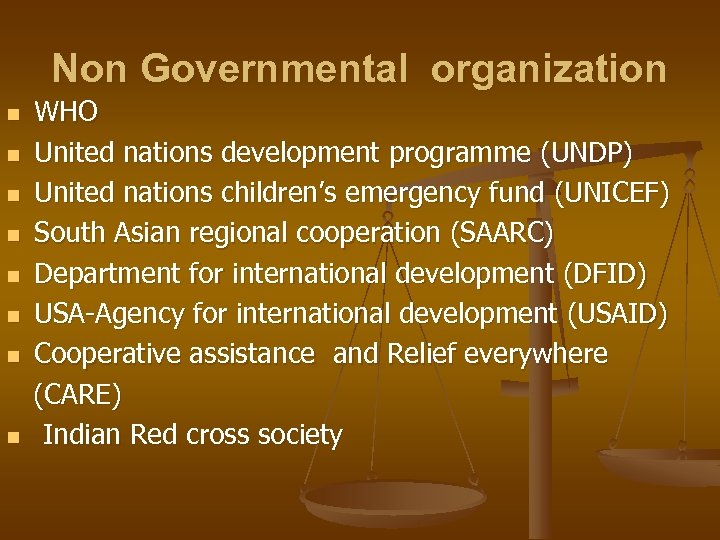 Non Governmental organization WHO n United nations development programme (UNDP) n United nations children’s