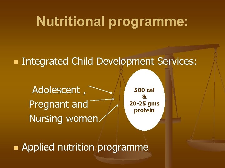 Nutritional programme: Integrated Child Development Services: 500 cal Adolescent , & 20 -25 gms