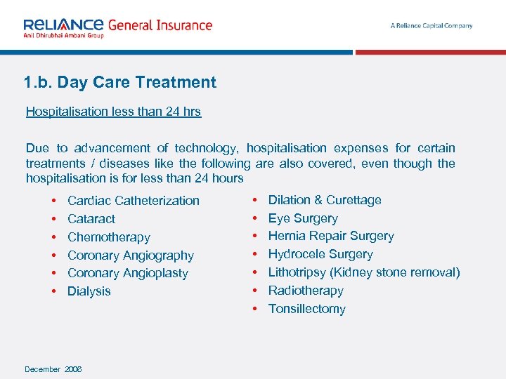 1. b. Day Care Treatment Hospitalisation less than 24 hrs Due to advancement of