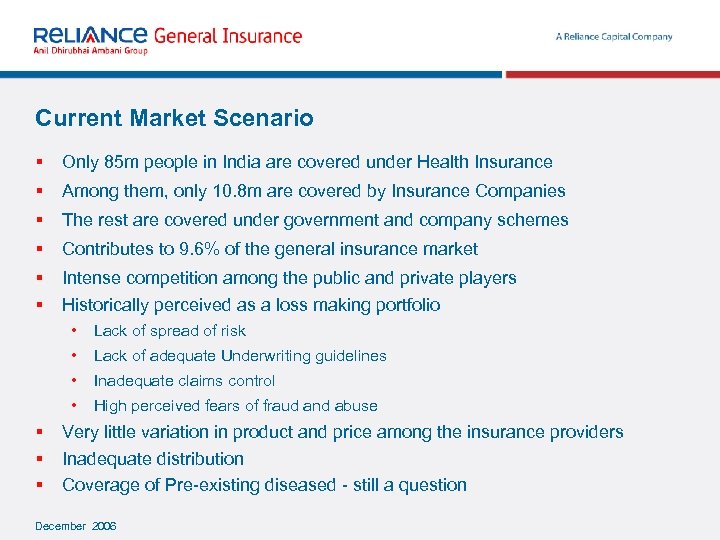 Current Market Scenario § Only 85 m people in India are covered under Health
