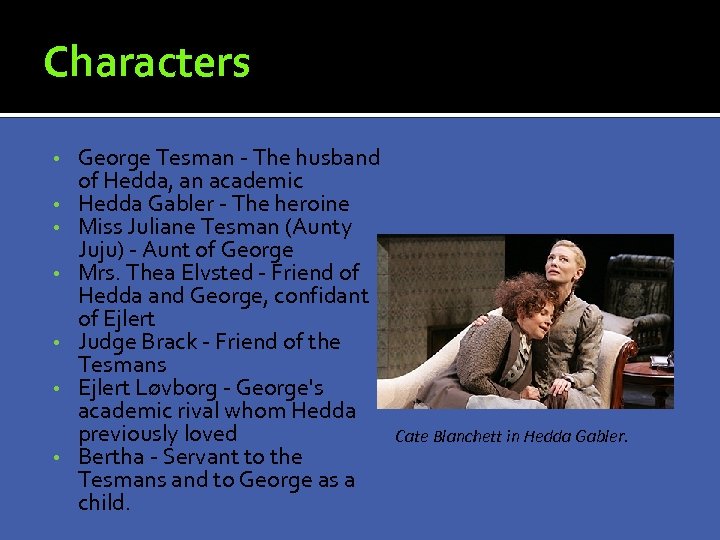 Characters • • George Tesman - The husband of Hedda, an academic Hedda Gabler