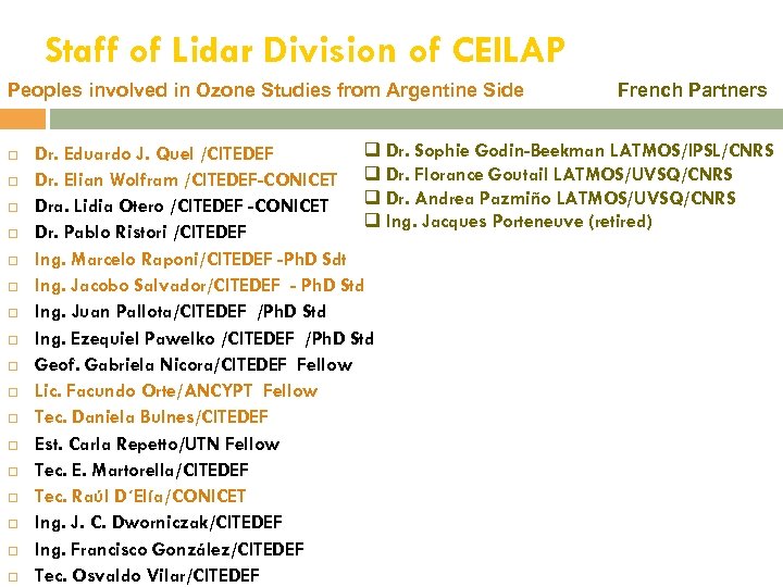 Staff of Lidar Division of CEILAP Peoples involved in Ozone Studies from Argentine Side