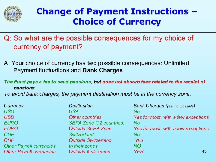 Change of Payment Instructions – Choice of Currency Q: So what are the possible