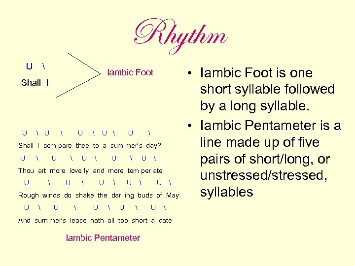 Rhythm U  Iambic Foot Shall I U  U  Shall I com