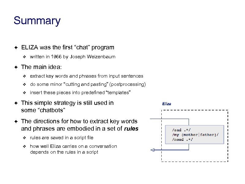 Summary ✦ ELIZA was the first “chat” program ❖ ✦ written in 1966 by