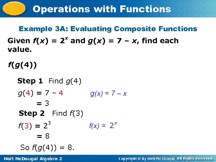 Operations with Functions Example 3 A: Evaluating Composite Functions Given f(x) = 2 x