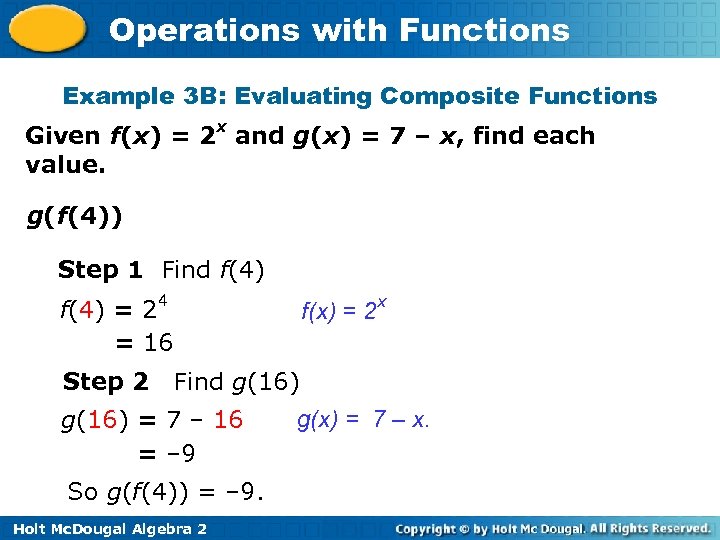 Operations with Functions Example 3 B: Evaluating Composite Functions Given f(x) = 2 x