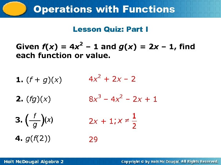 Operations with Functions Lesson Quiz: Part I Given f(x) = 4 x 2 –