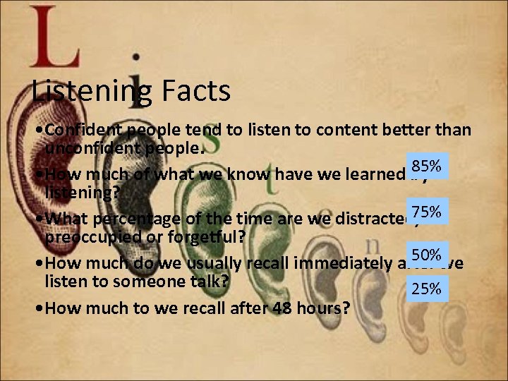 Listening Facts • Confident people tend to listen to content better than unconfident people.