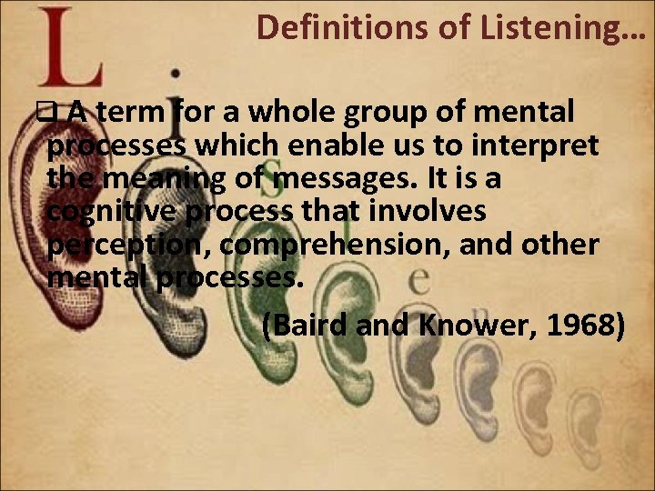 Definitions of Listening… q A term for a whole group of mental processes which