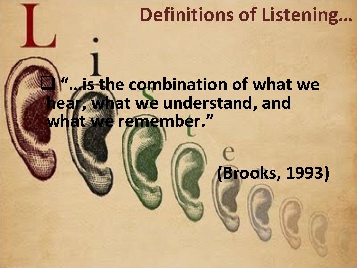 Definitions of Listening… q “…is the combination of what we hear, what we understand,