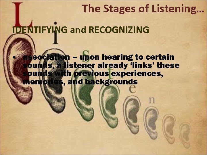 The Stages of Listening… IDENTIFYING and RECOGNIZING • association – upon hearing to certain