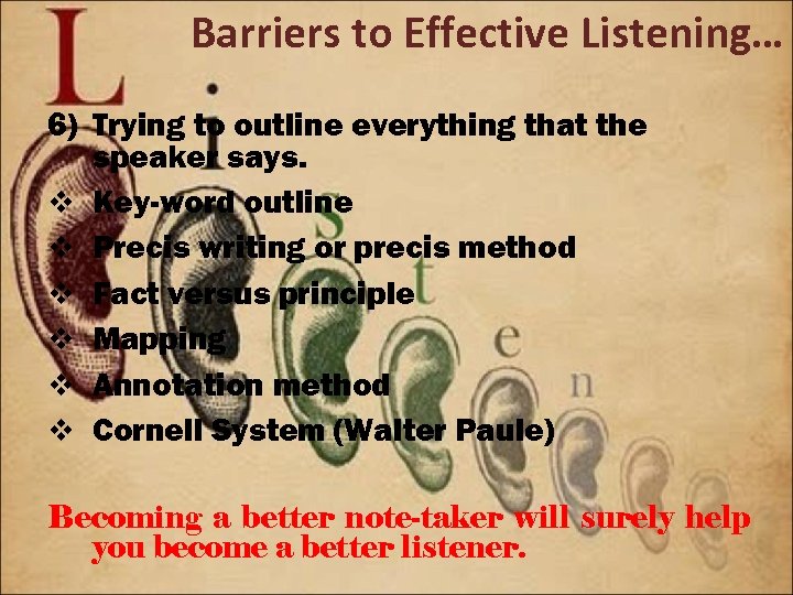 Barriers to Effective Listening… 6) Trying to outline everything that the speaker says. v