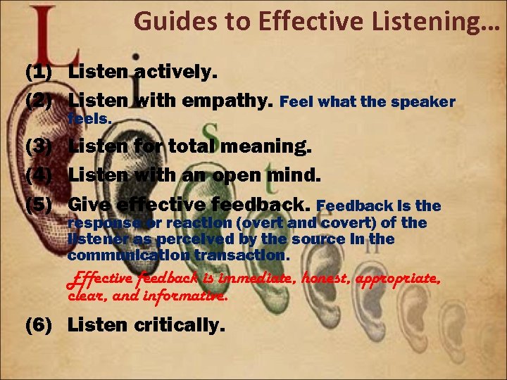 Guides to Effective Listening… (1) Listen actively. (2) Listen with empathy. Feel what the