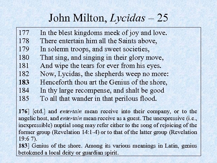 John Milton, Lycidas – 25 177 178 179 180 181 182 183 184 185