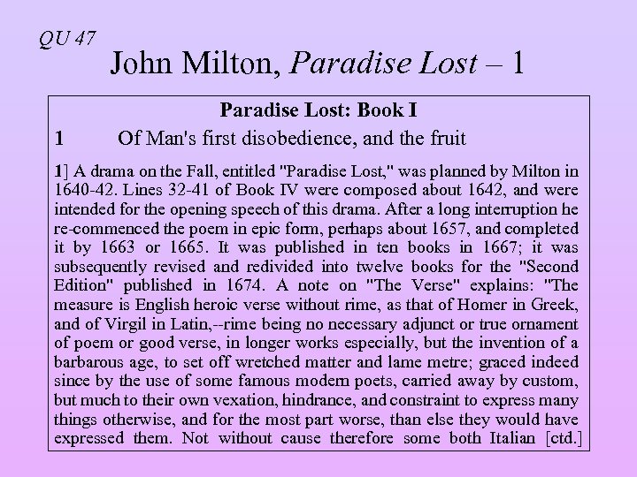 QU 47 1 John Milton, Paradise Lost – 1 Paradise Lost: Book I Of