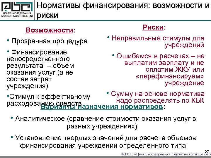 Нормативы финансирования: возможности и риски Возможности: • Прозрачная процедура • Финансирование непосредственного результата –