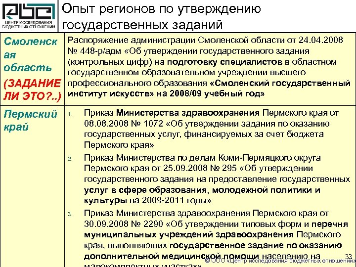 Опыт регионов по утверждению государственных заданий Смоленск ая область (ЗАДАНИЕ ЛИ ЭТО? . .