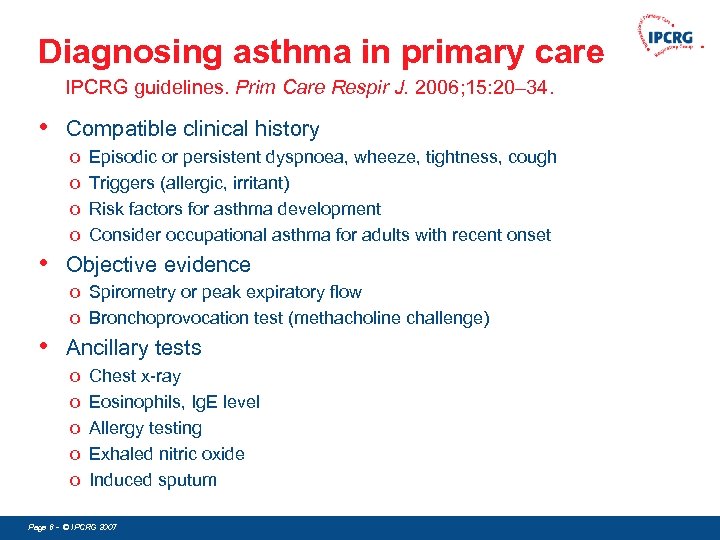 Diagnosing asthma in primary care IPCRG guidelines. Prim Care Respir J. 2006; 15: 20–