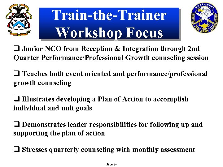 Train-the-Trainer Workshop Focus q Junior NCO from Reception & Integration through 2 nd Quarter