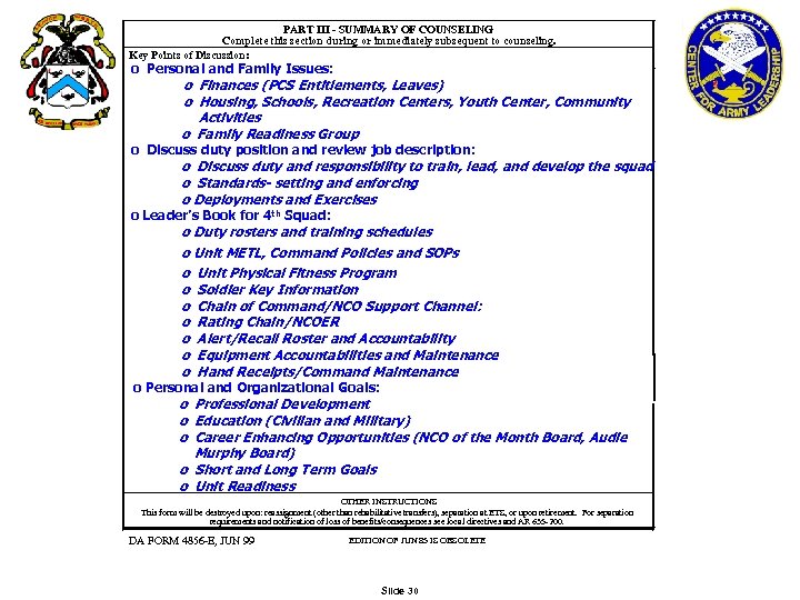 PART III - SUMMARY OF COUNSELING Complete this section during or immediately subsequent to