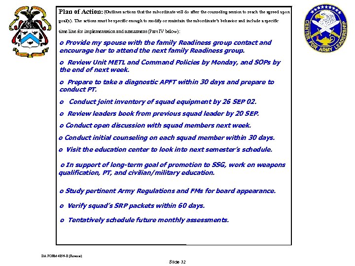  (Outlines actions that the subordinate will do after the counseling session to reach