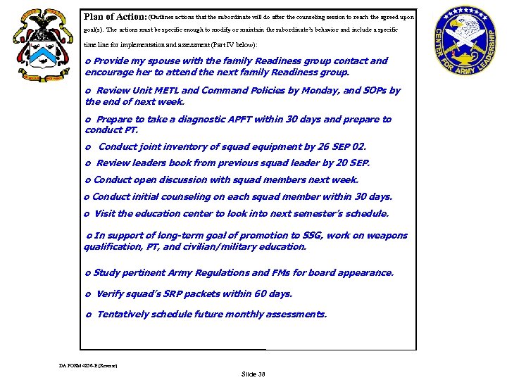  (Outlines actions that the subordinate will do after the counseling session to reach
