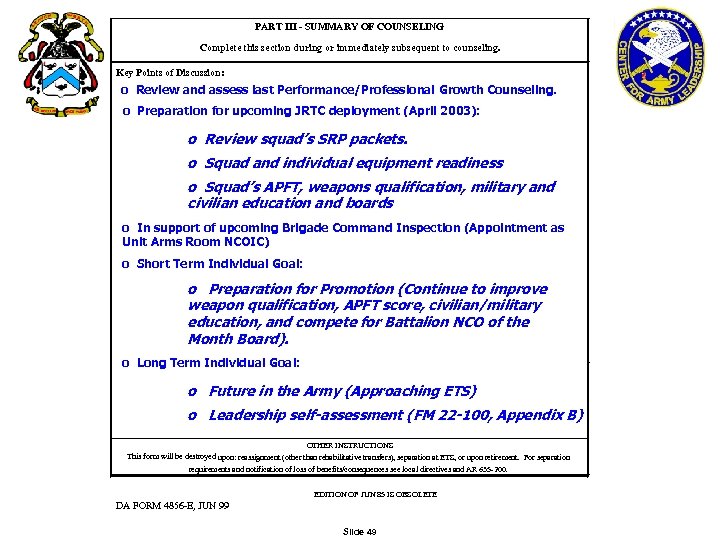 PART III - SUMMARY OF COUNSELING Complete this section during or immediately subsequent to