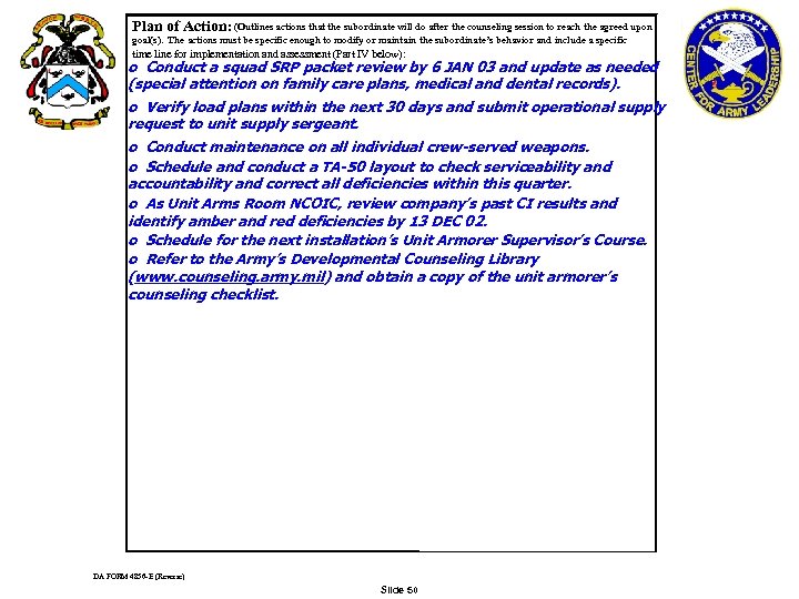  (Outlines actions that the subordinate will do after the counseling session to reach