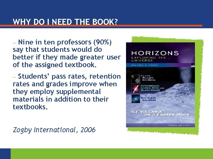 WHY DO I NEED THE BOOK? Nine in ten professors (90%) say that students