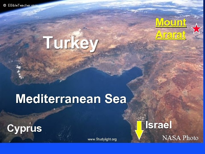 © EBible. Teacher. com Noah’s Ark 2 Turkey Mount Ararat Mediterranean Sea Israel Cyprus