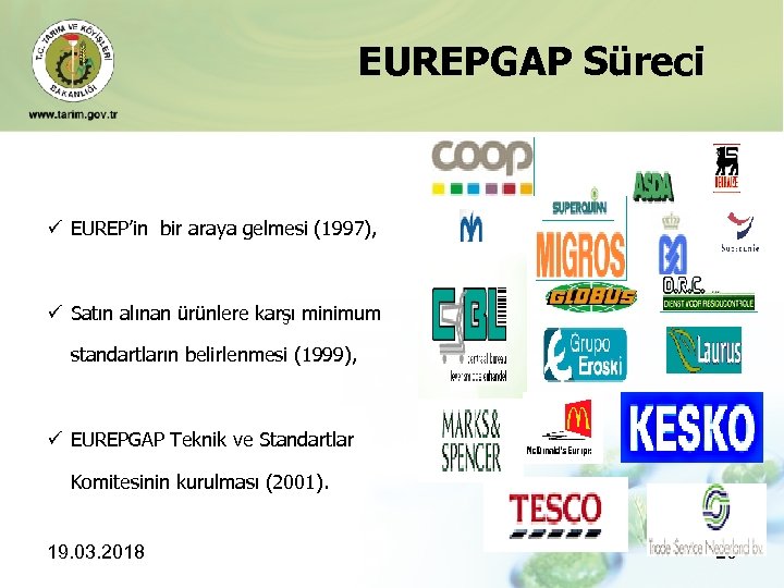 EUREPGAP Süreci ü EUREP’in bir araya gelmesi (1997), ü Satın alınan ürünlere karşı minimum