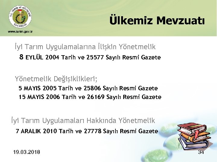 Ülkemiz Mevzuatı İyi Tarım Uygulamalarına İlişkin Yönetmelik 8 EYLÜL 2004 Tarih ve 25577 Sayılı