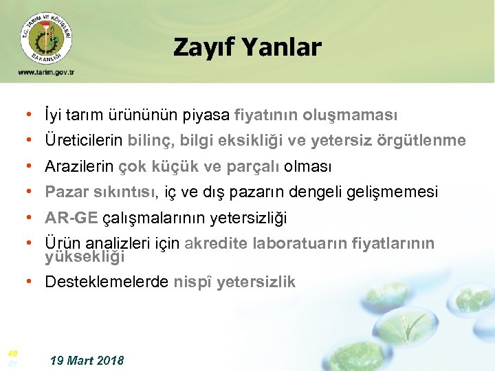 Zayıf Yanlar • İyi tarım ürününün piyasa fiyatının oluşmaması • Üreticilerin bilinç, bilgi eksikliği