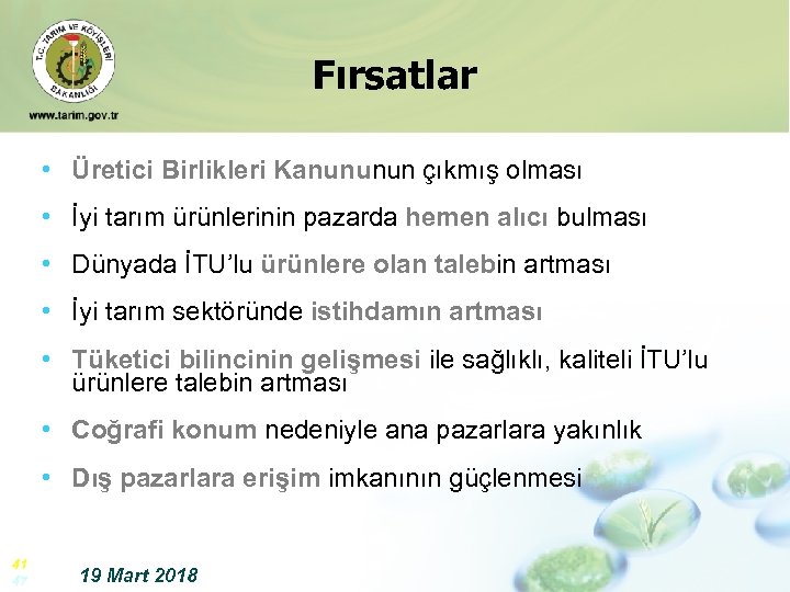 Fırsatlar • Üretici Birlikleri Kanununun çıkmış olması • İyi tarım ürünlerinin pazarda hemen alıcı