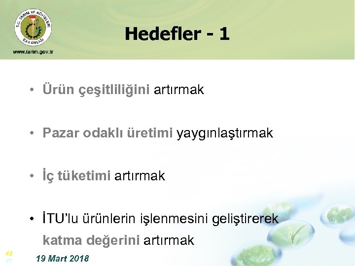 Hedefler - 1 • Ürün çeşitliliğini artırmak • Pazar odaklı üretimi yaygınlaştırmak • İç