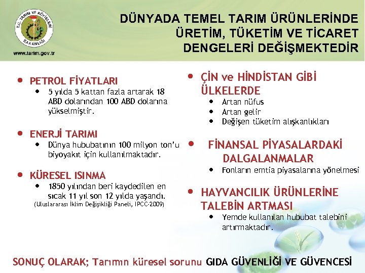 DÜNYADA TEMEL TARIM ÜRÜNLERİNDE ÜRETİM, TÜKETİM VE TİCARET DENGELERİ DEĞİŞMEKTEDİR • PETROL FİYATLARI •