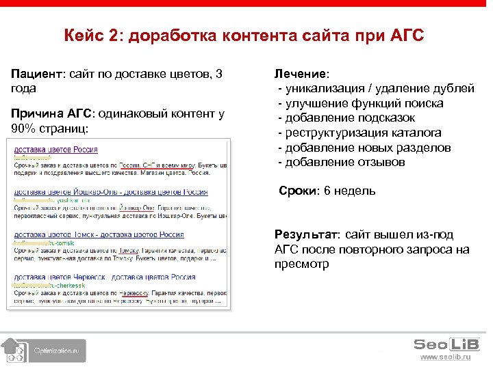 Кейс 2: доработка контента сайта при АГС Пациент: сайт по доставке цветов, 3 года