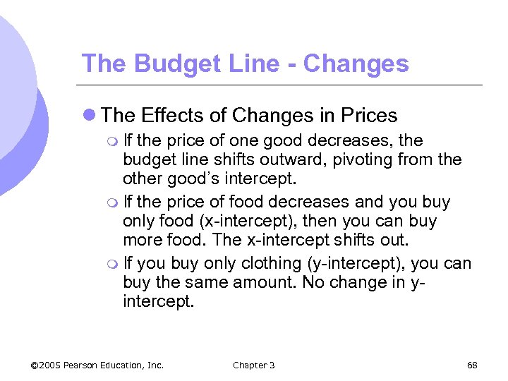 The Budget Line - Changes l The Effects of Changes in Prices m If