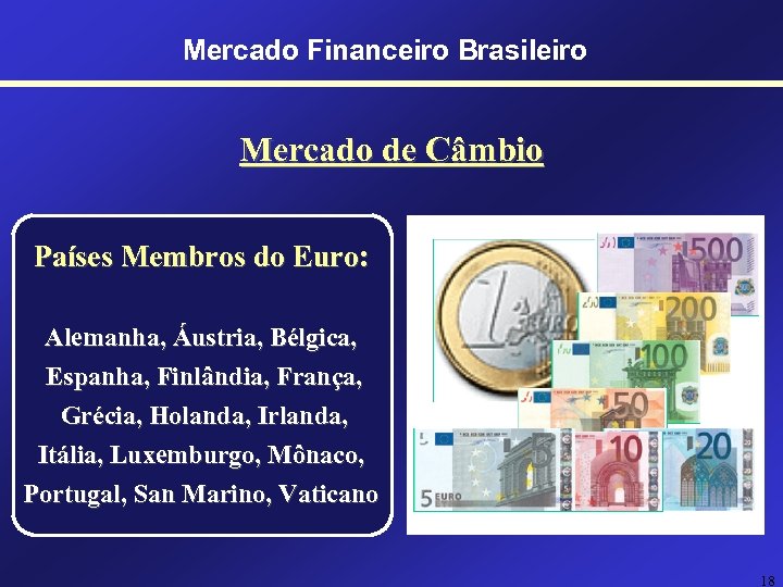 Mercado Financeiro Brasileiro Mercado de Câmbio Países Membros do Euro: Alemanha, Áustria, Bélgica, Espanha,