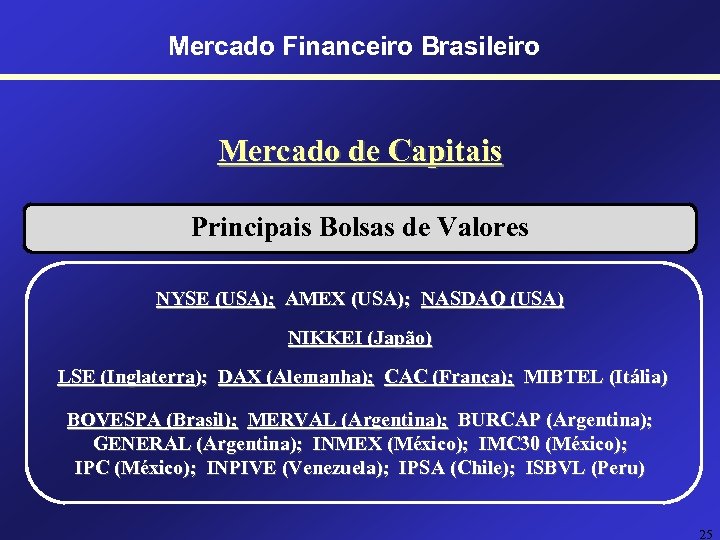 Mercado Financeiro Brasileiro Mercado de Capitais Principais Bolsas de Valores NYSE (USA); AMEX (USA);