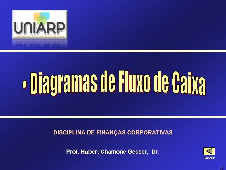 DISCIPLINA DE FINANÇAS CORPORATIVAS Prof. Hubert Chamone Gesser, Dr. Retornar 29 