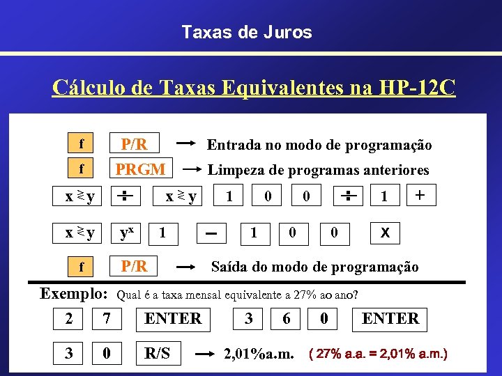 Taxas de Juros Cálculo de Taxas Equivalentes na HP-12 C P/R PRGM f f