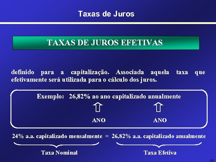 Taxas de Juros TAXAS DE JUROS EFETIVAS definido para a capitalização. Associada aquela taxa